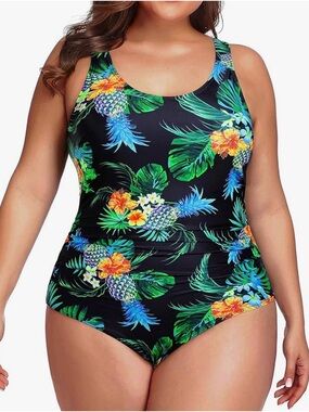 Daci One Piece Swimsuit Athletic Tummy Control U-Back Black Tropical 28W NWT